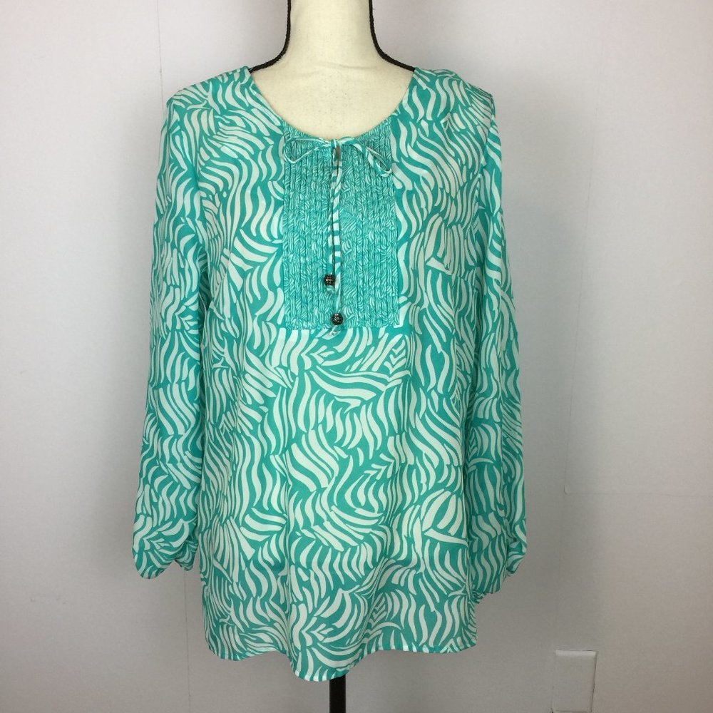 NWOT Susan Graver Blouse Tunic Top Size M Womans Teel White Long Sleeve Pleated